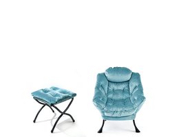 Stoel 79x62x96 cm Fauteuil Met Voetsteun Blauw Stof Metaal Relaxfauteuil Armleuningen Zijkwab Voetsteun Loungefauteuil TV Fauteuil Oorfauteuil Geschikt Voor Woonkamer Slaapkamer Of Kantoor