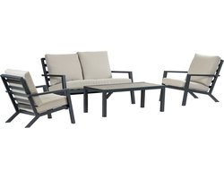 Stoel-bank Loungeset Bezano | met 2-persoonsbank | Matt Black/Off White | Aluminium