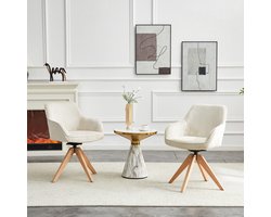 Stoel - Draaistoel - Accentstoel - Luxe in retro-moderne stijl - Draaifunctie - Fluwelen zitting met poten van massief hout - Geschikt voor eetkamers, woonkamers en kantoren - Off-white - Set van 2