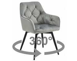 Stoel JORK 360 - Zilvergrijs Velvet - Zwarte Metaalpoten - Luxe Eetkamerstoel - Fauteuil - Met Armleuning - 360° Draaibaar - Modern Design - Elegant en Comfortabel voor Woonkamer, Keuken of Eetkamer - Max. 110 kg