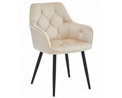 Stoel JORK - Beige Velvet - Zwarte Metaalpoten - Luxe Eetkamerstoel - Fauteuil - Met Armleuning - Modern Design - Elegant en Comfortabel voor Woonkamer, Keuken of Eetkamer - Max. 110 kg