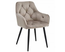 Stoel JORK - Donkerbeige Velvet - Zwarte Metaalpoten - Luxe Eetkamerstoel - Fauteuil - Met Armleuning - Modern Design - Elegant en Comfortabel voor Woonkamer, Keuken of Eetkamer - Max. 110 kg