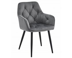 Stoel JORK - Donkergrijs Velvet - Zwarte Metaalpoten - Luxe Eetkamerstoel - Fauteuil - Met Armleuning - Modern Design - Elegant en Comfortabel voor Woonkamer, Keuken of Eetkamer - Max. 110 kg
