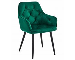 Stoel JORK - Groen Velvet - Zwarte Metaalpoten - Luxe Eetkamerstoel - Fauteuil - Met Armleuning - Modern Design - Elegant en Comfortabel voor Woonkamer, Keuken of Eetkamer - Max. 110 kg