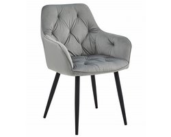 Stoel JORK - Zilvergrijs Velvet - Zwarte Metaalpoten - Luxe Eetkamerstoel - Fauteuil - Met Armleuning - Modern Design - Elegant en Comfortabel voor Woonkamer, Keuken of Eetkamer - Max. 110 kg