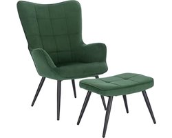 Stoel - leesstoel - Woonkamer stoel - Fauteuil - Stoel met voetenbank - Stoel met hocker - Corduroy - Ribstof - Groen