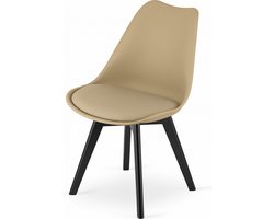 Stoel MARK - Donkerbeige, Zwarte Beukenhouten Poten, Kunststof Zitting met Kunstlederen Kussen, Strak Design, Ergonomisch, Geschikt voor Keuken, Eetkamer, Kantine en Werkruimte, Max. 120 kg