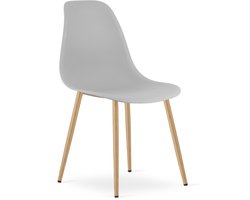 Stoel WAT – Grijs, Houtlook Metalen Poten, Kunststof Zitting – Modern en Ergonomisch – Geschikt voor Eetkamer, Woonkamer, Keuken, Thuiswerkplek, Kantine en Wachtruimte – Eenvoudige Montage