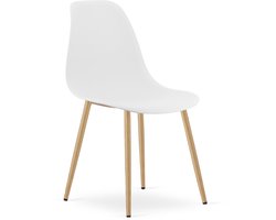 Stoel WAT – Wit, Houtlook Metalen Poten, Kunststof Zitting – Modern en Ergonomisch – Geschikt voor Eetkamer, Woonkamer, Keuken, Thuiswerkplek, Kantine en Wachtruimte – Eenvoudige Montage