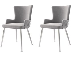 Stoelen 2-delig Set Eetkamerstoelen Lounge Stoelen Fauteuils Multifunctionele Stoelen Met armleuningen en hoge rugleuning Rugleuning met knoopdecoratie en diamantpatroon Huidvriendelijke zachte stof Stevig metalen frame Grijs + Zilver