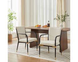 Stoelen 57X59X86 cm Tweedelige Stoelenset Beige Stof Met Gouden Accenten Comfortabel Stijlvol Moderne Essstoelen Met Armleuningen Gepolsterd Zwart Metalen Frame Voor Eetkamer Keuken Woonruimte