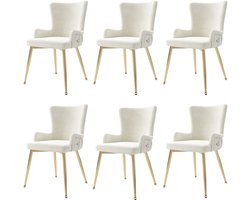 Stoelen 6-delig Set Eetkamerstoelen Lounge Stoelen Fauteuils Multifunctionele Stoelen Met armleuningen en hoge rugleuning Rugleuning met knoopdecoratie en diamantpatroon Huidvriendelijke zachte stof Stevig metalen frame Beige + goud