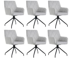 Stoelen Set van 6 Eetkamerstoelen Draaistoelen Relaxstoelen Multifunctionele stoelen Met armleuningen en 4 stevige metalen poten Rugleuning en binnenkant van de armleuningen met ruitpatroon decoratie 45x60x85cm Grijs