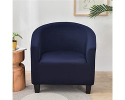 Stoelhoes, effen, elastisch, hotelstijl, Chesterfield stoel, één stuk, effen, bankhoes met armleuningen, kuipstoelhoes, donkerblauw.