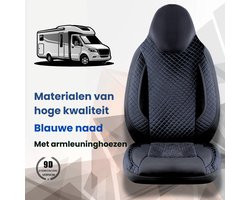Stoelhoezen voor Fiat Ducato caravan | camper in pasvorm, set van 2 stuks - bestuurder 1 + 1 passagierszijde | Met armleuning hoezen | CBA102 | Zwart met blauwe naad