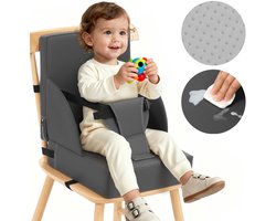 Stoelverhoger Kinderen voor Eettafel – Peuter Booster Seat met Rugleuning, Zitkussen met Veiligheidsriemen en Antislip Basis – Hoogwaardig Schuim Verhoogkussen – Grijs