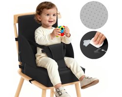 Stoelverhoger Kinderen voor Eettafel – Peuter Booster Seat met Rugleuning, Zitkussen met Veiligheidsriemen en Antislip Basis – Hoogwaardig Schuim Verhoogkussen – Zwart