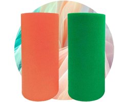 Stof, 2 kleuren, oranje en grasgroen, 2 rollen, 15 cm, 23 m, 2 stuks, feest, bruiloft, kostuum, rok, tutu, decoratie, handwerk, knutselen, 2 stuks