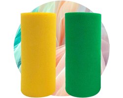 Stof, 2 kleuren, zonnegeel en grasgroen, 2 rollen, 15 cm, 23 m, 2 stuks, feest, bruiloft, kostuum, rok, tutu, decoratie, handwerk, knutselen, 2 stuks
