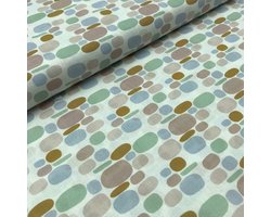 Stof, digitale print, 100% katoen, lengte 100 cm, breedte 140 cm, stenen, roze, mosterd, blauw, groen, wit