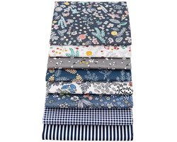 Stof donker blauw - grijs - wit - 8 lapjes - 20 x 25 cm - quilt - patchwork
