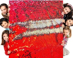 Stof met pailletten voor kinderen, tweekleurige glitterstof, tactiel sensorisch speelgoed voor autistische kinderen (groot rood + zilver, 91 cm x 125 cm)