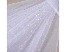 Stof met sterren, sneeuwvlokken, tule stof, doorzichtige stof, glanzende kersttule, decoratiestof voor doe-het-zelf kleding, bruiloft, feest, woondecoratie, wit, 1 m x 1,5
