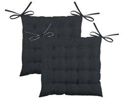 Stof Textile stoelkussen BEA - 2x - antraciet - 40 x 40 x 4 cm - touwtjes sluiting - binnen/buiten - zitkussens plat