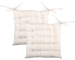 Stof Textile stoelkussen BEA - 2x - gebroken wit - 40 x 40 x 4 cm - touwtjes sluiting - binnen/buiten - zitkussens plat