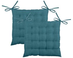 Stof Textile stoelkussen BEA - 2x - petrol blauw - 40 x 40 x 4 cm - touwtjes sluiting - binnen/buiten - zitkussens plat