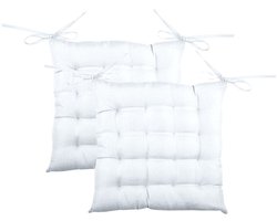 Stof Textile stoelkussen BEA - 2x - wit - 40 x 40 x 4 cm - touwtjes sluiting - binnen/buiten - zitkussens plat