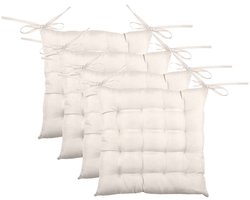 Stof Textile stoelkussen BEA - 4x - gebroken wit - 40 x 40 x 4 cm - touwtjes sluiting - binnen/buiten - zitkussens plat