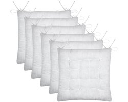 Stof Textile stoelkussen Coline - 6x - wit - 38 x 38 x 4 cm - touwtjes sluiting - zitkussens - binnen/buiten