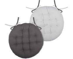 Stof Textile stoelkussen rond - licht/donkergrijs - 2 zijden - 38 cm - touwtjes sluiting