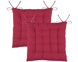 Stof Textile stoelkussens DUO - 2x - rood - 38 x 38 x 3.5 cm - touwtjes sluiting - zitkussens - binnen/buiten