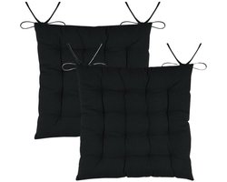 Stof Textile stoelkussens DUO - 2x - zwart - 38 x 38 x 3.5 cm - touwtjes sluiting - zitkussens - binnen/buiten