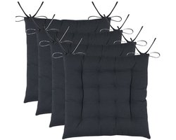 Stof Textile stoelkussens DUO - 4x - antraciet - 38 x 38 x 3.5 cm - touwtjes sluiting - zitkussens - binnen/buiten