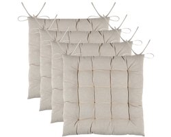Stof Textile stoelkussens DUO - 4x - beige - 38 x 38 x 3.5 cm - touwtjes sluiting - zitkussens - binnen/buiten