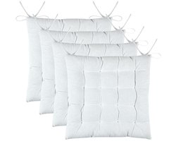Stof Textile stoelkussens DUO - 4x - wit - 38 x 38 x 3.5 cm - touwtjes sluiting - zitkussens - binnen/buiten