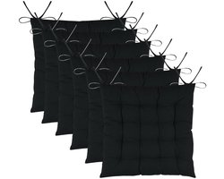Stof Textile stoelkussens DUO - 6x - zwart - 38 x 38 x 3.5 cm - touwtjes sluiting - zitkussens - binnen/buiten