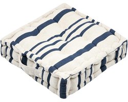 Stof Textile Vloerkussen Beach - creme wit/blauw - katoen - 45 x 45 x 10 cm - Extra dik - extra zitplaatsen - spelen - gamen - relaxen
