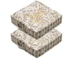 Stof Textile Vloerkussen Leaves - 2x - taupe/wit - katoen - 45 x 45 x 10 cm - vierkant - Extra dik - extra zitplaatsen - spelen - gamen - relaxen