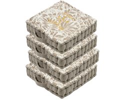 Stof Textile Vloerkussen Leaves - 4x - taupe/wit - katoen - 45 x 45 x 10 cm - vierkant - Extra dik - extra zitplaatsen - spelen - gamen - relaxen