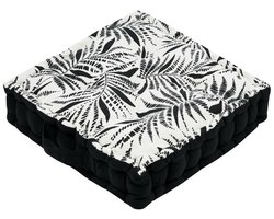 Stof Textile Vloerkussen Leaves - zwart/wit - katoen - 45 x 45 x 10 cm - vierkant - Extra dik - extra zitplaatsen - spelen - gamen - relaxen