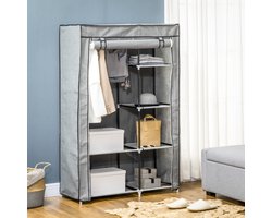 Stoff-Kledingkast-6-Vakken-103x43x162.5cm-Grijs-Vouwbare-Garderobekast-Met-Kledingroede-Ruimtebesparende-Opbergkast-Slaapkamer-Hal