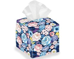 Stoffen box houder met pioenrozen in blauw voor papieren handdoeken, ideaal voor badkamer en keuken, vierkant design voor tafelblad en nachtkastjes