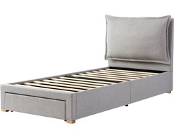 Stoffen eenpersoonsbed (kinderbed) 90x200 cm, elektrisch verstelbaar bed, met lattenbodem, groot gepolsterd hoofdeinde en extra opbergruimte, grijze chenille