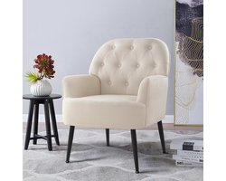 Stoffen fauteuil met opslag, gestoffeerde accentstoel met armleuningen, knop getuft rugleuning armstoel, metalen poten enkele bankstoel, loungestoel voor woonkamer, balkon, receptie (beige)
