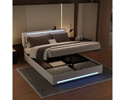 stoffen gasveerbed 140×190 cm met LED-verlichting aan hoofdeinde en voeteneinde, USB-poort en praktische onderbed-opslag, Beige