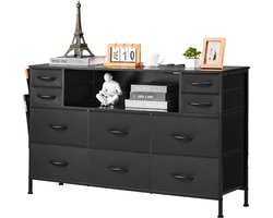 Stoffen Ladekast met 10 Lades, Open Plank, Ledverlichting En GeïNtegreerd Stopcontact – Ideaal voor Slaapkamer, Gang Of Kast, Zwart